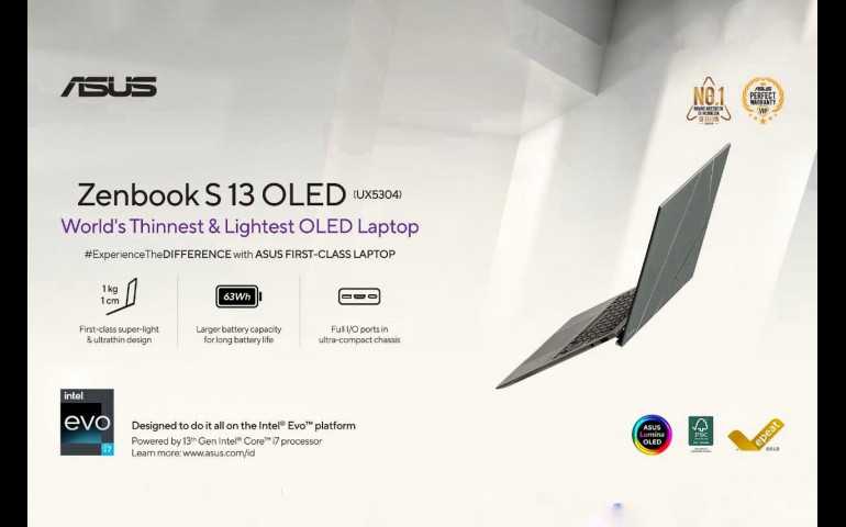 Zenbook S13 OLED, Laptop Ultraportabel OLED Tipis, Ringan, Stylish dan Ramah Lingkungan
